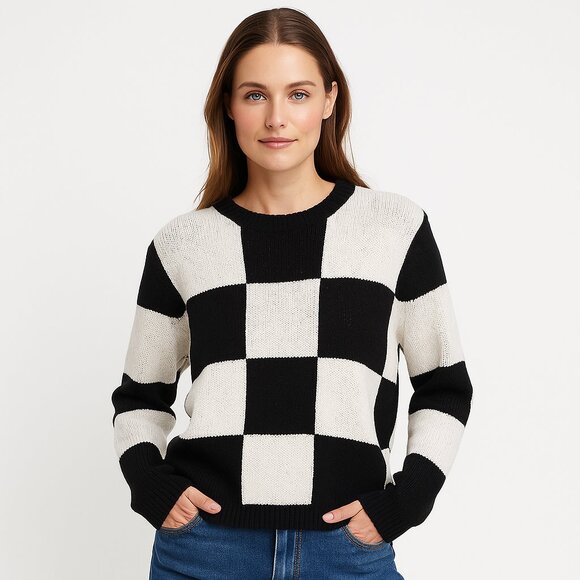 Vine & Love Women’s Black and White Checkered Wednesday Sweater - Large - Picture 1 of 12